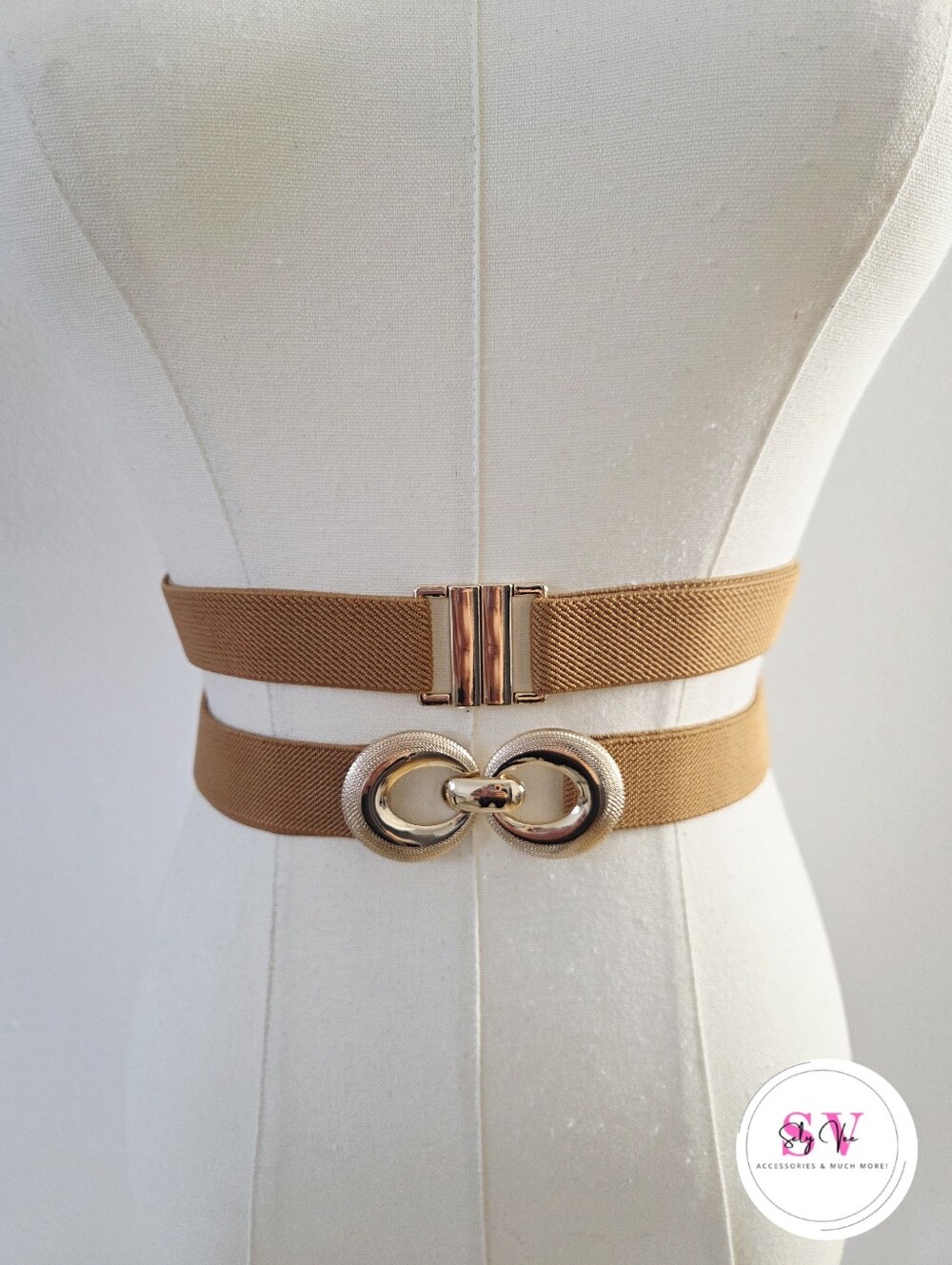 Bundle of 2 elastic Tan belts with gold buckle